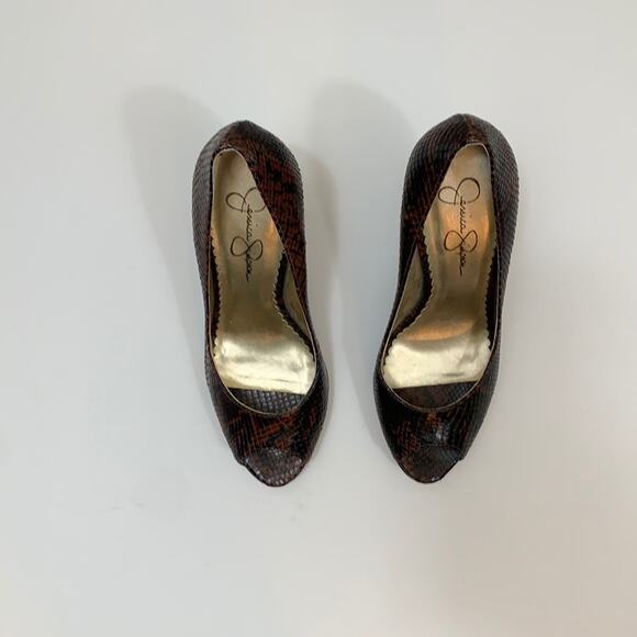 Jessica Simpson Snake Skin Brown Peep Toe Heels - Picture 2 of 8